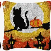 Midnight Feline Pumpkin Patch DIY Latch Hook Pillow Kit - Embroidery Cushion Cra