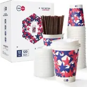 Turbo Bee 12 OZ Disposable Coffee Cups with 120pack12oz, Red, White, Blue