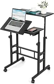 Giantex Mobile Stand up Computer Desk, Rolling Standing Laptop Cart with 2 Tilting Desktops, Sitting or Standing Modes, Height Adjustable Home Office Workstation (Black)