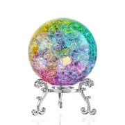 60mm Ice Cracked Crystal Ball Paperweight with Stand Sphere Healing Colorful