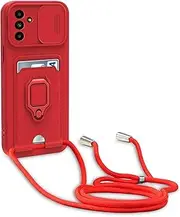 [Dllatui] Mobile Phone Case Compatible with Samsung Galaxy S24 Plus, Collar Lanyard, Silicone Case with Camera Protection Slider, Rotating Stand with Card Slot, Necklace Case (Red)