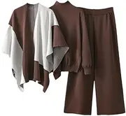[Generic] Women's Knitted Three Piece Sets Mock Neck Pullover Sweater Knit Shawl Wide Leg Pants Outfits Suit Dressy Lounge Sets