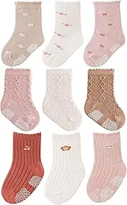 [J Poqobog] Baby Crew Socks,Grips Combed Cotton Socks Toddler Non-Skid for Girls,Boys Non Slip/Anti Skid 9-Pack