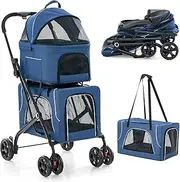Costway Double Pet Stroller for 2 Dogs or Cats, Foldable 3-in-1 Dog Stroller w/ 2 Detachable Carriers, Safety Belt, Washable Cover, Removable Pads, 4 Wheels Pet Travel Cart for Small Medium Dogs Cats (Blue)
