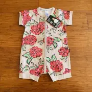 Bonds Baby Pink Red Floral Short Sleeve Zip Romper Wondersuit Size 1 BNWT