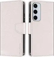 Striped PU Leather Wallet Phone Case Compatible with Samsung Galaxy S25 Plus, Slim Magnetic Flip Cover with Card Slots and Stand Function (White)
