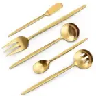 Matte Gold Serving Silverware Set, 5-Piece Round Shared Utensils Set of Stain...