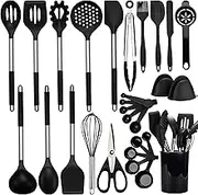 NCUE 28 Pcs Silicone Cooking Utensils Set with Holder, Spatula Set, Silicone Whisk, Scissors, Measuring Cups and Spoons Set with Stainless Steel Handle Kitchen Gadgets (Black)