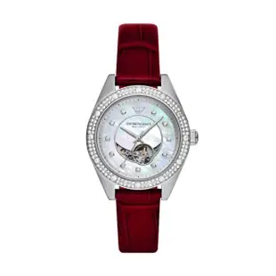 【EMPORIO ARMANI】Leo 李奧系列機械女錶 珍珠母貝 紅色真皮錶帶 手錶 36MM AR60075