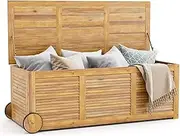 Costway 182L Outdoor Storage Box on Wheels, Rolling Patio Wooden Deck Box, Acacia Wood Storage Chest w/ 2 Wheels, Side Handle, Waterproof Cover, for Cushions, Pillows, Blankets, Toys