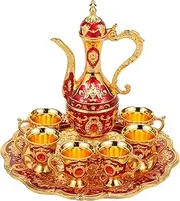 FwQoFvk Vintage Turkish Coffee Set with Pot Tray 6 Cup, Turkish Tea Set, Multifunctional Decorative Teapot Kit for Home Living Room Bar Party Wedding Decoration