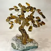 Tiger Eye Crystal Gemstone Bonsai Tree of Life Chakra on Amethyst Base 6"
