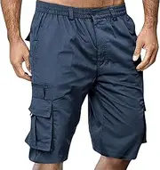 [JEShifangjiusu] Mens Classic Drawstring Shorts with Pockets Elastic Waist Cargo Straight Pants Wide Leg Short Pants, Navy Blue B1, M