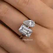 7 CTW Emerald & Pear Cut Moissanite 2 Stone Engagement Ring Solid 14K White Gold