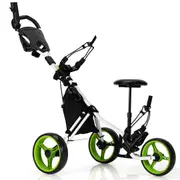 Costway Foldable Golf Buggy Trolley 3 Wheels Golf Club Push Cart w/Seat/Bag/Umbrella Holder Green