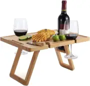 Portable Picnic Wine Table with Bottle and Glass Holder, Foldable Bamboo Snack T
