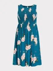 Torrid Midi Challis Smocked Dress Blue Plus Size 3 3X 22 24 #G36104