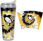 Rico Industries NHL Hockey Pittsburgh Penguins Team Color Tie Dye 24oz Metallic Acrylic Tumbler with Hinged Lid, Officially Licensed Double Wall Tumbler with Straw