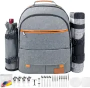 Gray Picnic Backpack Kit Detachable Bottle Cooler Blanket Flatware Set for 4
