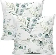 AEIOAE Spring Sage Green Pillow Covers 16x16 Inch Set of 2,Watercolor Eucalyptus Floral Throw Pillows Case,Seafoam Leaves Print Square Cushion Outdoor Leaf Decor for Home Sofa Bed (ZHH121001)