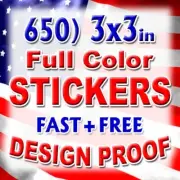 650 3x3 Custom Printed Full Color Outdoor Vinyl Bumper Sticker Decal Bulk Lot