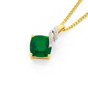 9ct Gold, Created Emerald & Diamond Swirl Pendant in Green