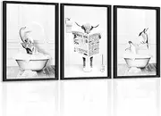 Heiple Set of 3 Framed Funny Animal Wall Art, Penguin, Cow & Elephant for Humorous Bathroom Decor