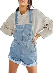 [Sukany] Women's Casual Denim Overall Shorts Loose Adjustable Straps Dungarees Bib Jeans Shortalls Rompers Pants