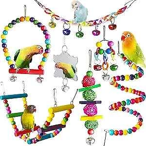 Bird Parakeet Cockatiel Toys, Natural Wood Hanging Bell Pet Bird Cage Hammock