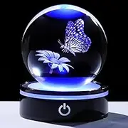YWHL 3D Crystal Ball Butterfly and Flower Figurine With Colorful LED Base, Laser Gifts for Women Men on Christmas Birthday, Crystal Ball Decor Night Light for Home (80mm)