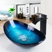 Tempered Glass Waterfall Spout Basin Black Tap Washbasin Bath Brass Set Tap Blue