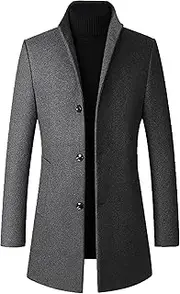[Qolkmuiy-GJ] Mens 2 Breasted Soft Elegant Windbreaker Coat Classic Trench Lapel Long Jacket Wool Blend Slim Fit Top Coats