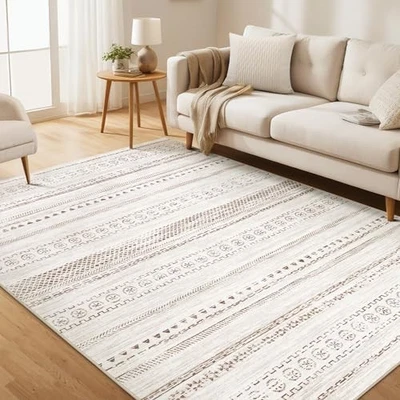Area Rug Living Room Rugs - 5x7 Washable Boho Farmhouse Bohemian Neutral Large