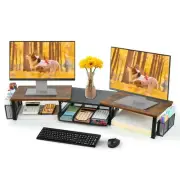 Desk Dual Monitor Stand Riser - Desk Organizer with Drawer and Pen Holders, O...