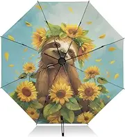 [PDZRMY] UV Protection Travel Umbrella Sloth Sunflower Cute Compact for Rain and Sun - Auto Open and Close UPF 50+ Windproof Portable 46” Sun Umbrella for Women and Men