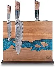 FINDKING Magnetic Knife Block, Double Sided Holder, Powerful Magnet Kitchen Storage, Acacia Wood and Blue Resin (12 x 10 Inches, Without Knives)