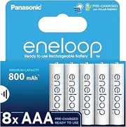 Panasonic eneloop Ready-to use Ni-MH Battery, AAA/Micro, 8-Pack, Improved Capacity of min. 800 mAh, 2100-charge Cycle Life, high Power Performance, Plastic Free Packaging, Blue (BK-4MCDE/8BE)