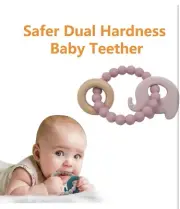 Silicone Baby Teether with Wooden Ring, Dual Hardness, BPA Free, 2 Pcs