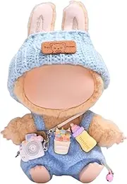 Mrltau Cute Baby Casual Stile Clothes For Labubu Keychain Doll, With Knitted Beanie & Plush Overalls & Camera Deco, Outfit Accessories for Labubus 1./2./3 .Generation Blind Box(blue)