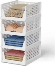 4 Pack Stackable Plastic Storage Basket, Closet Organizer Bin Foldable Clothes W
