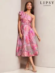 Lipsy Pink Premium Frill One Shoulder Floral Jacquard Prom Midi Dress (AT9205) | $323