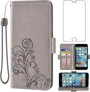 Compatible with iPhone 6plus 6splus 6/6s Plus Wallet Case and Tempered Glass Screen Protector Flip Wrist Strap Card Holder Cell Phone Cover for iPhone6 6+ iPhone6s 6s+ i 6P 6a S Six iPhone6splus Grey