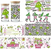 6 Sheets Pink Green Christmas UV DTF Cup Wraps for 16 OZ, Cute Waterproof Transfer Stickers, Christmas UV DTF Decals, Winter Rub on Transfers for Crafts, Decorative Sticker for Glass Cups Wrap