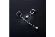 Solid 925 Sterling Silver Asymmetrical Chain Shell Pearl Drop Earrings