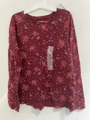 Old Navy Softest Tee Kids Girls Floral Print Cotton Long Sleeve Shirt Burgundy L