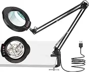 15X Magnifier Lamp with Flexible Arm - 84 LED Craft Light with 5 Colors & Dimmer, Heavy Duty Clamp for Watch Repair, Reading, Cross Stitch - USB Powered Desktop Magnifying Glass for Detailed Work