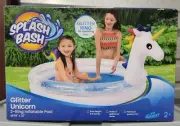 Splash Bash GLITTER 2-ring Inflatable Unicorn Pool 28" x 22" - 2 Years & Up NEW
