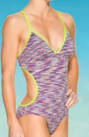 Athleta Women's Kata Spacedye One Piece Swimsuit Purple/Neon V-Neck, Size M NEW