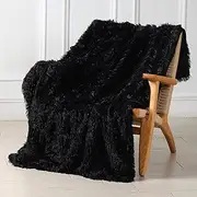 [Tuddrom] Decorative Extra Soft Faux Fur Throw Blanket 50" x 60",Reversible Fuzzy Long Hair Shaggy Throw Blankets, Fluffy Cozy Plush Fleece Comfy Microfiber Fur Blanket for Couch Sofa Bed, Black