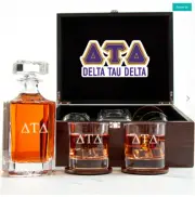Delta Tau Delta - Fraternity Decanter and 2 Glasses In Wood Box Set
